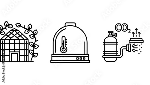 Greenhouse incubation co2 enrichment line icons for controlled environment agriculture farming