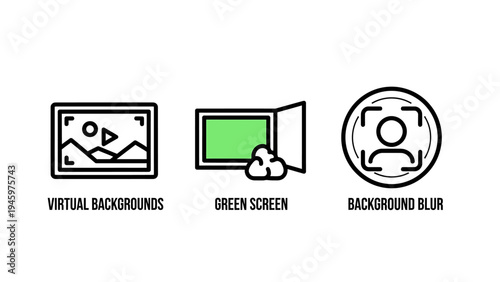 Virtual background green screen and background blur line icons for conferencing