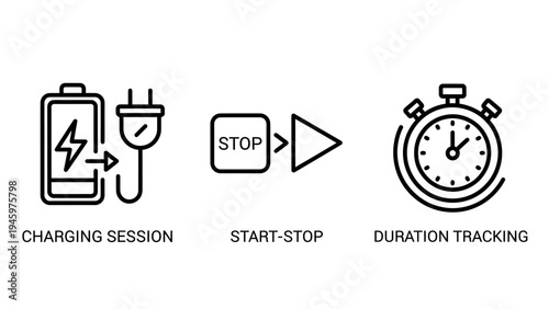 Battery charging session, start-stop button, and duration tracking outline icons for mobile device management apps