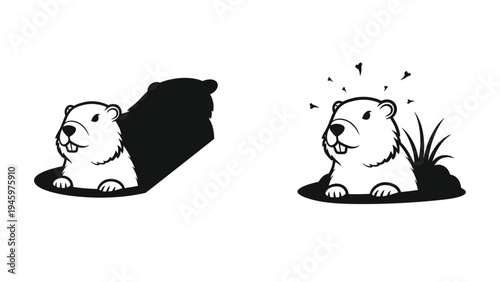 Cute groundhog emerging from hole and looking surprised with animal character