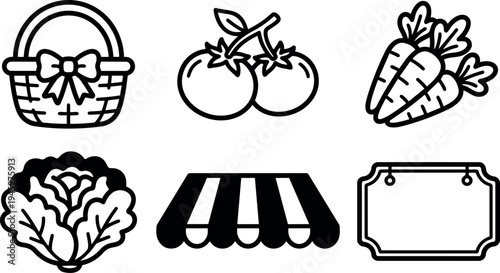 Black and white simple vector icons of fresh vegetables basket market stall and blank sign label decorative frame
