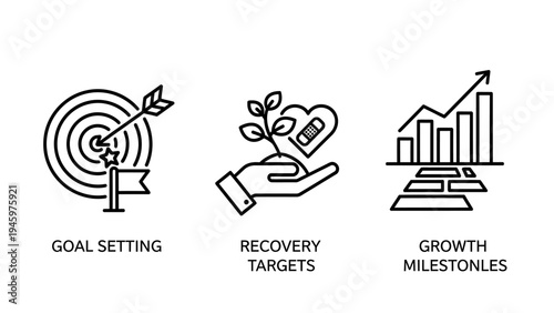 Icons depicting goal setting, recovery, and growth milestones