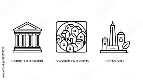 Icons representing historic preservation, conservation districts, and heritage sites, real estate