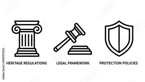 Icons for heritage regulations, legal framework, and protection policies