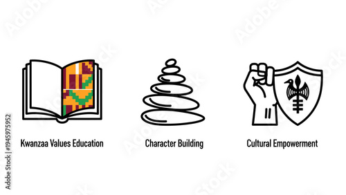 Kwanzaa celebration and cultural values icons set: education, character building, and empowerment symbolism