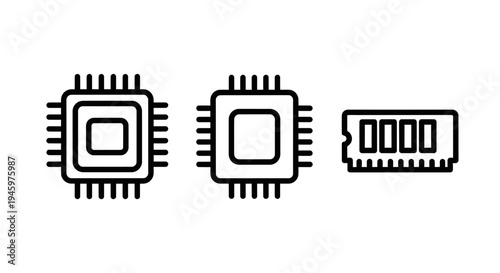 Cpu processor microchip and ram memory module black outline icons set vector illustration for computer hardware