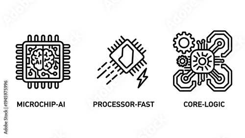 Artificial intelligence microchip, fast processor, and core logic system icons vector set for modern computing
