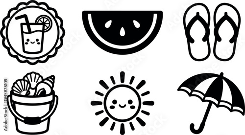 Cute black and white summer icons set with smiling sun bucket shells flip flops umbrella and cold drink with straw