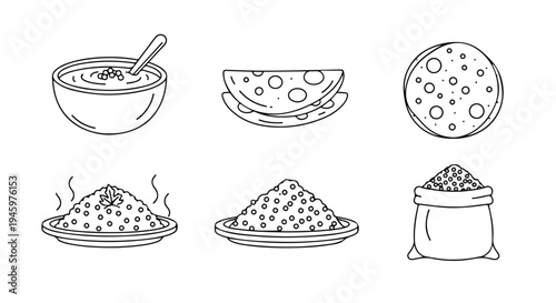 Line drawing illustrations of various rice dishes and grains in bowls and plates on a white background.