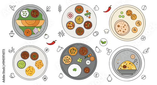 Flat lay illustration of various international dishes on multiple plates with spices and condiments on a white background.