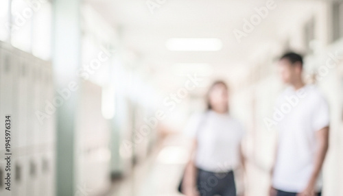A soft-focus image depicting two individuals in a hallway, likely in a school environment, surrounded by lockers and natural light.
