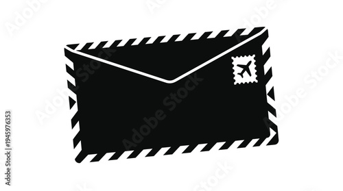 Black and white envelope with stamp and striped border