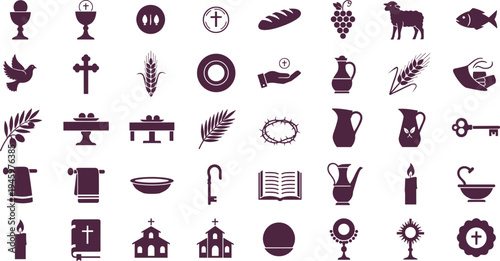 Collection of Christian religious icons and symbols on white background