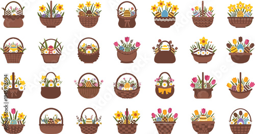 Collection of Easter baskets with flowers and eggs on white background