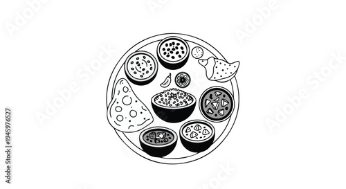Line drawing of a plate with various sushi rolls and pieces on a white background