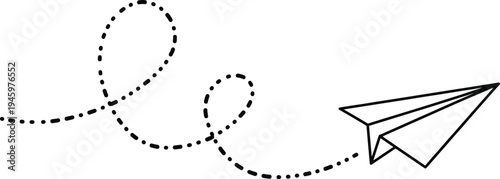 Vector graphic illustration of a paper airplane soaring through the air with a dotted trail