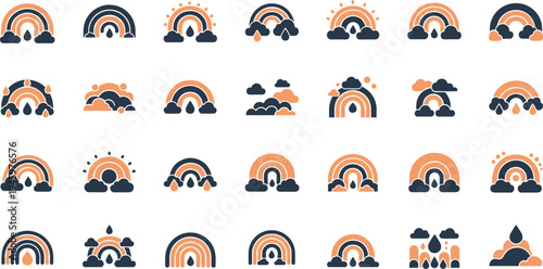 Collection of orange and black rainbow icons with clouds and raindrops on white background