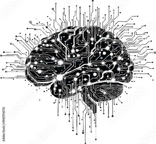 Brain technology vector illustration with circuit lines nodes artificial intelligence neuroscience digital integration conceptual artistic design