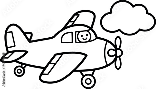 Simple black and white line art smiling pilot flying propeller airplane with single cloud vector illustration