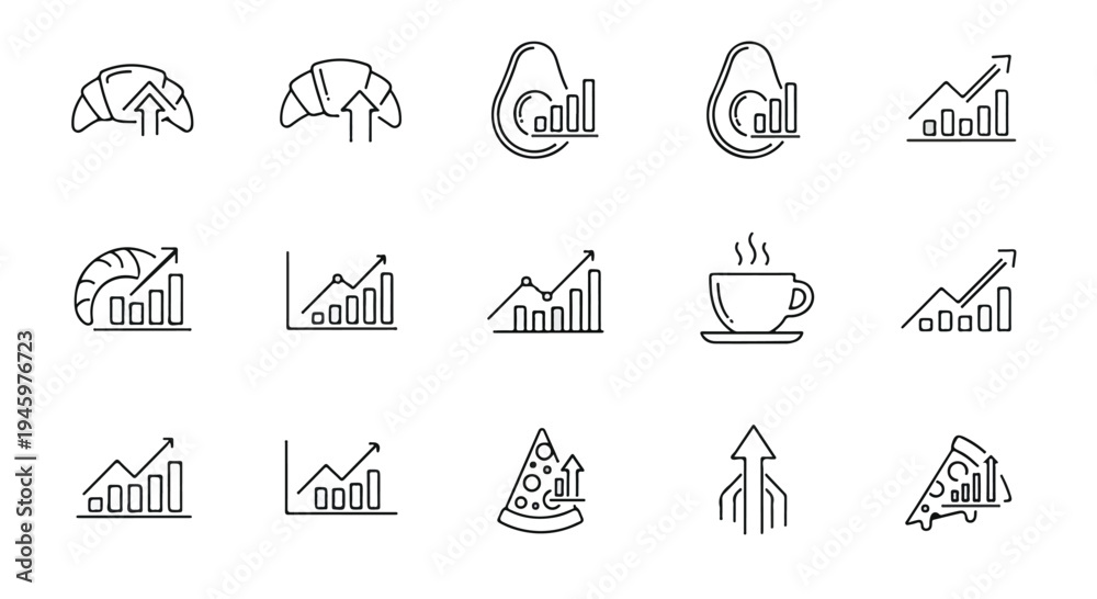 Fototapeta premium A collection of 16 black line icons depicting business and finance concepts on a white background with a minimalist style.