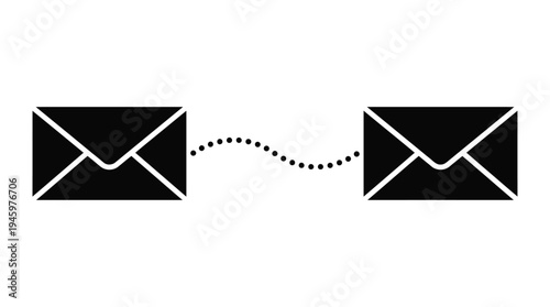 Two black envelopes connected by a dotted line on white background