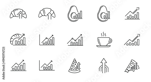A collection of 16 black line icons depicting business and finance concepts on a white background with a minimalist style.