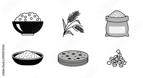 Illustration of various grain products and wheat on a white background in a flat lay composition with monochromatic color scheme.