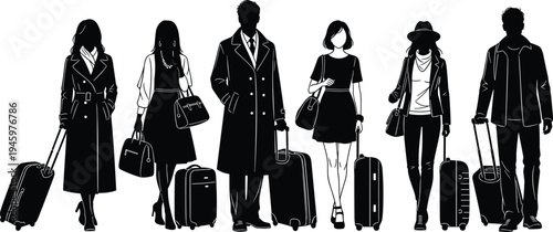 Traveler silhouettes with luggage, people carrying suitcases, modern travel fashion, airport passengers, journey illustration, tourism vector, vacation trip design art