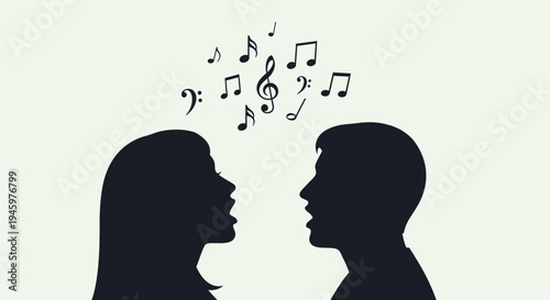 Silhouettes of man and woman singing.