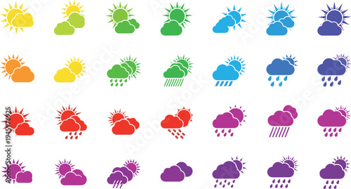 Weather forecast icons set with sun cloud rain symbols in different colors