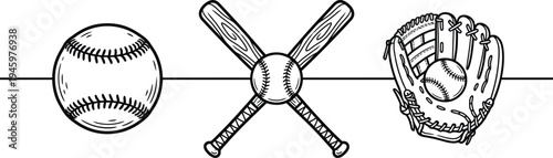 Vector illustration of baseball equipment including ball, bats, and gloves in a graphic design