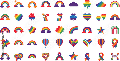 Vibrant rainbow colorful icons set with hearts clouds stars and ribbons