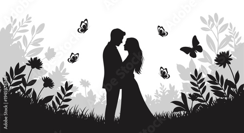 Silhouette of romantic couple kissing.