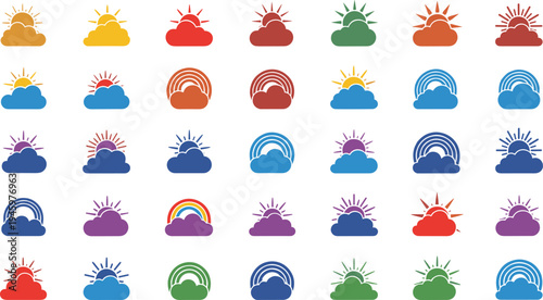 Weather forecast icons with sun cloud and rainbow symbols in various colors