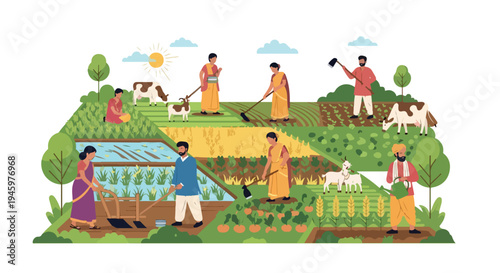 Illustration of diverse farmers working in a vibrant agricultural landscape with livestock and crops under a sunny sky with blue clouds.