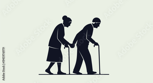 Elderly couple walking with support.