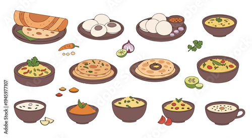 Flat lay illustration of various international soups and dishes with ingredients on a clean white background.