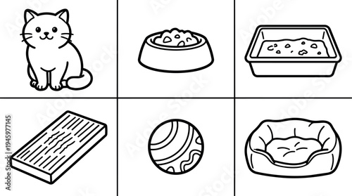 Simple line art style cat pet food bowl litter box scratching board ball and pet bed icons set in black outlines