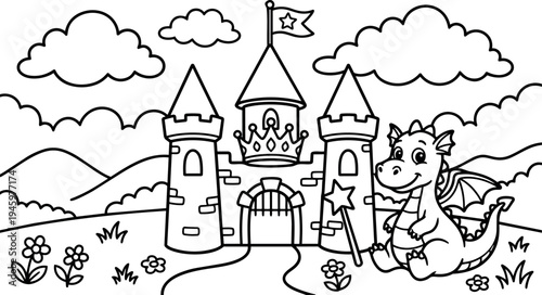 Black and white line art cartoon style cute dragon holding star wand sitting beside castle with flag in fantasy landscape illustration