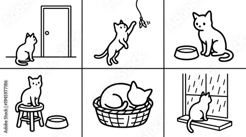 Minimalist line art six frame cat behavior sequence playing eating sleeping observing outside rainy window vector illustration