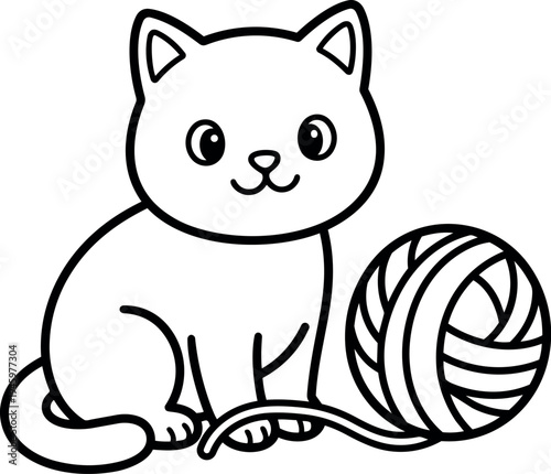 Minimalist black and white line art illustration of a cute kitten playing with a ball of yarn sitting facing forward simple drawing