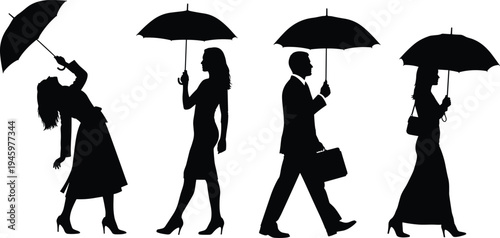 Umbrella silhouettes people, men women vector, walking standing poses, fashion attire, rainy day design, modern lifestyle, travel illustration, stylish art