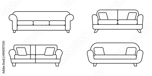 Set of luxury sofa icons in outline style. Couch furniture collection, comfortable couch silhouettes for interior design and living room furniture.