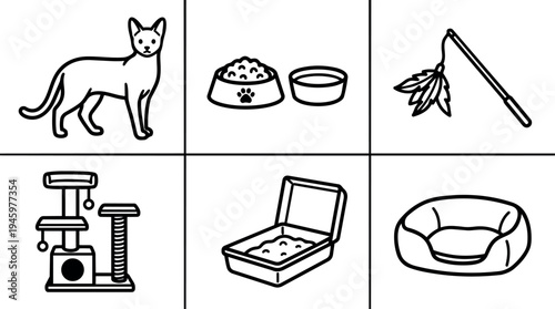 Minimalist line art pet cat with food bowl water bowl feather toy scratching post litter box and cushioned cat bed