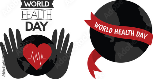 World Health Day icon set collection featuring heart, stethoscope, global health care symbols and medical awareness concepts.