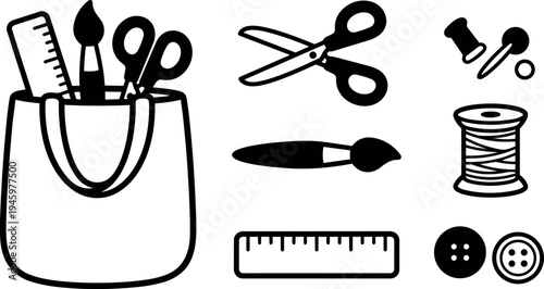 Black and white flat design of sewing kit with scissors ruler paintbrush spool buttons and pins icons set