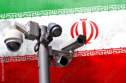 Closed circuit camera Multi-angle CCTV system against the background of the national flag of Iran.