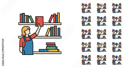 a person taking a book from a shelf with multiple book illustrations.