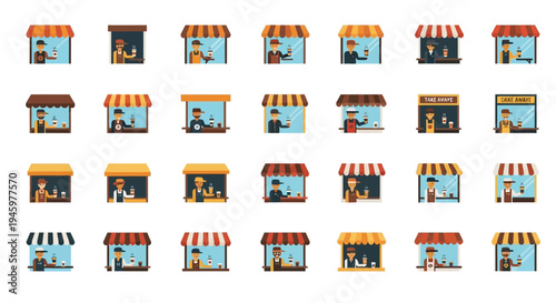 Collection of colorful cartoon storefronts and shops.