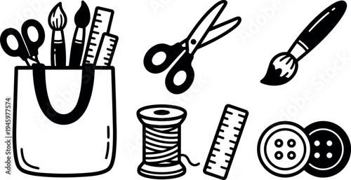 Black and white flat design vector art set of sewing scissors paintbrush ruler thread spool and buttons in simple style